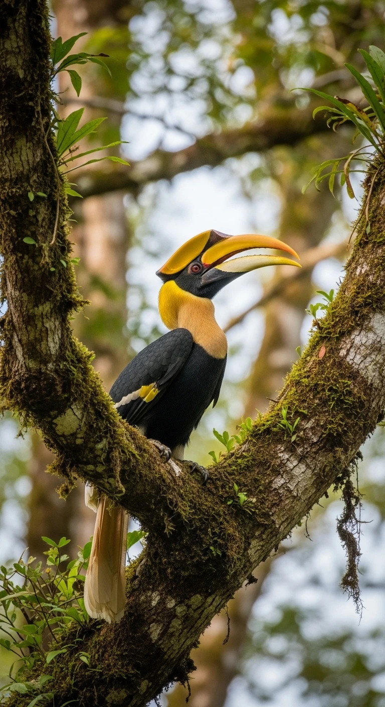 Great Hornbill perched on a mossy branch in tropical rainforest