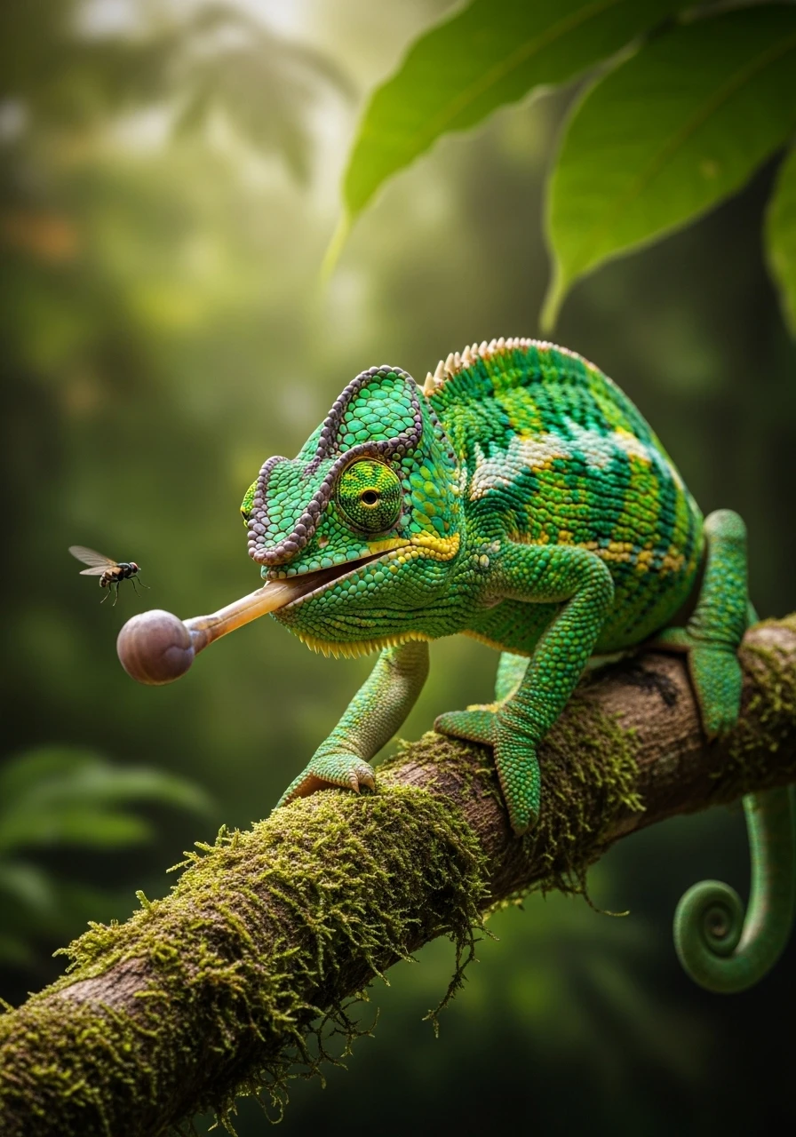 Green chameleon catching a fly with its long tongue