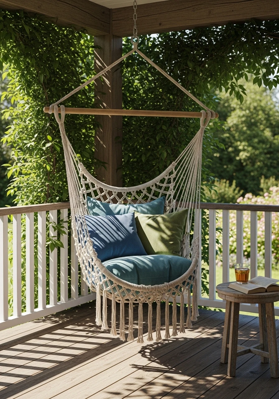 Macrame hanging hammock chair with cushions on a wooden porch