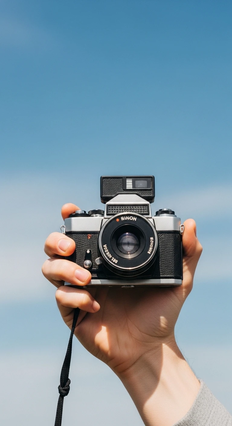 Hand holding a vintage film camera against a blue sky