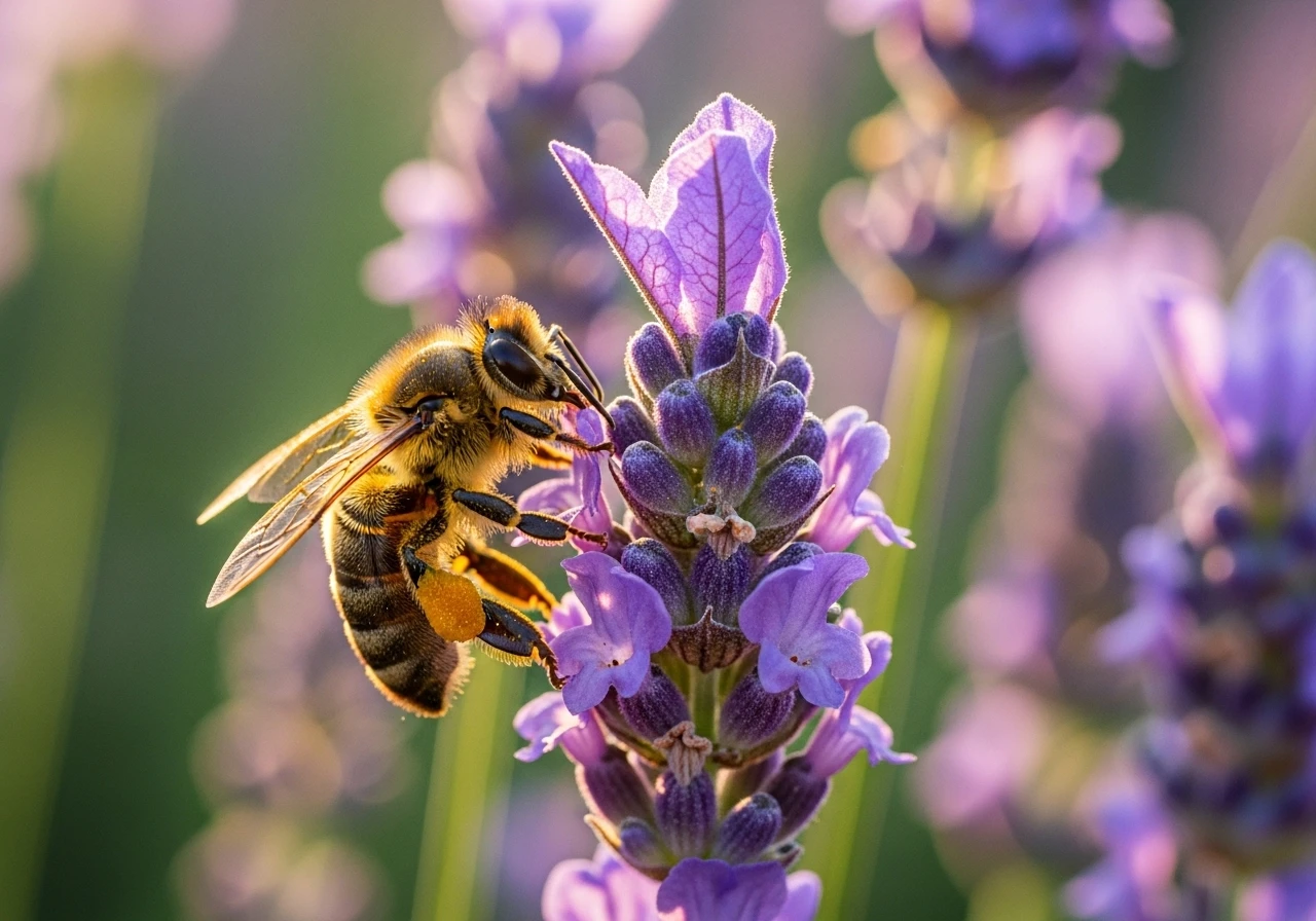 Honeybee collecting nectar from purple lavender flower in sunlight