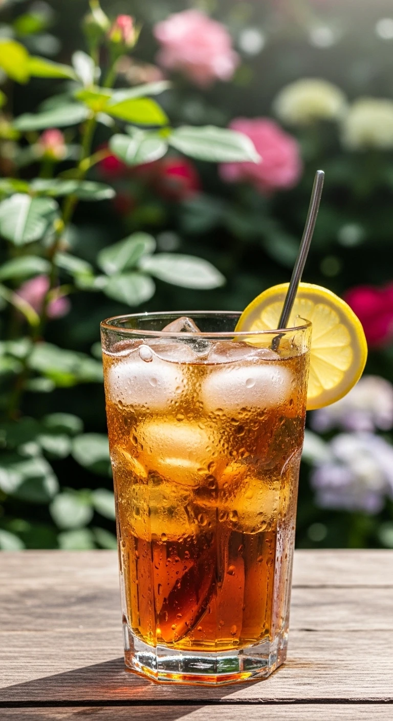 Refreshing glass of iced tea with lemon in garden
