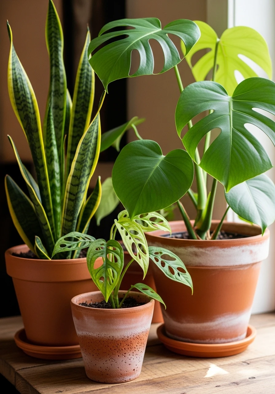Monstera and snake plants in terracotta pots indoors