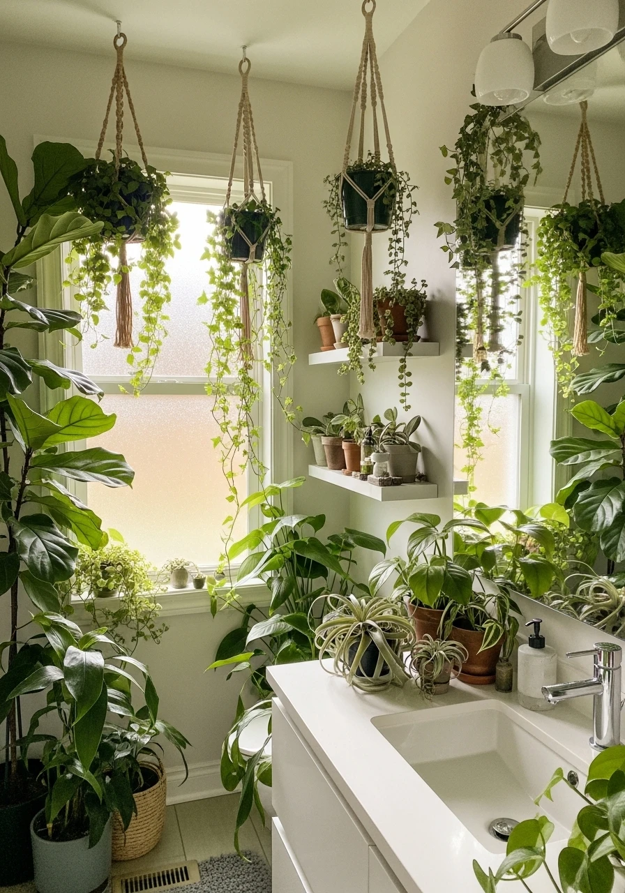 Modern bathroom filled with lush houseplants and hanging macrame planters