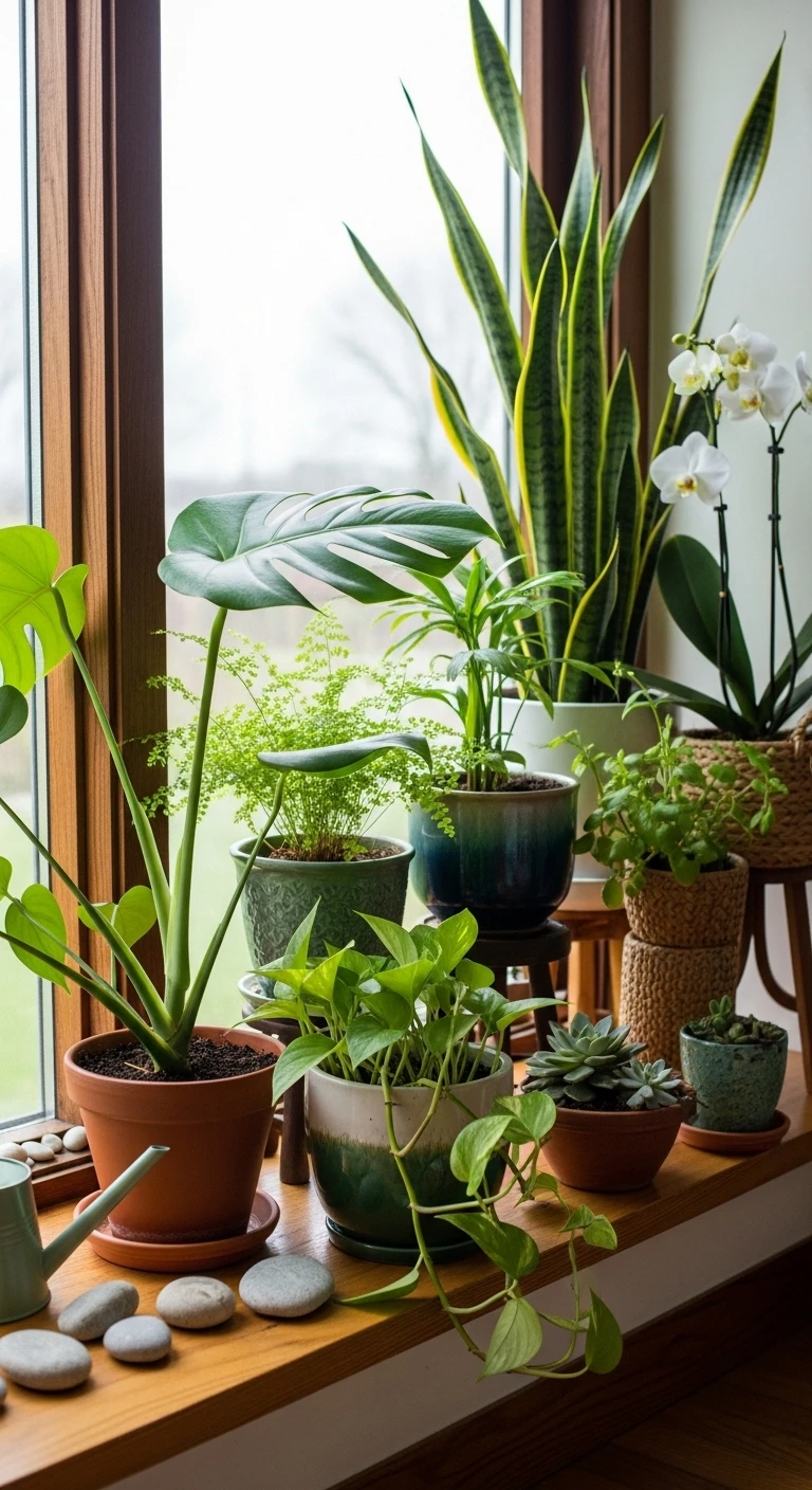 Variety of green houseplants on a sunlit wooden windowsill