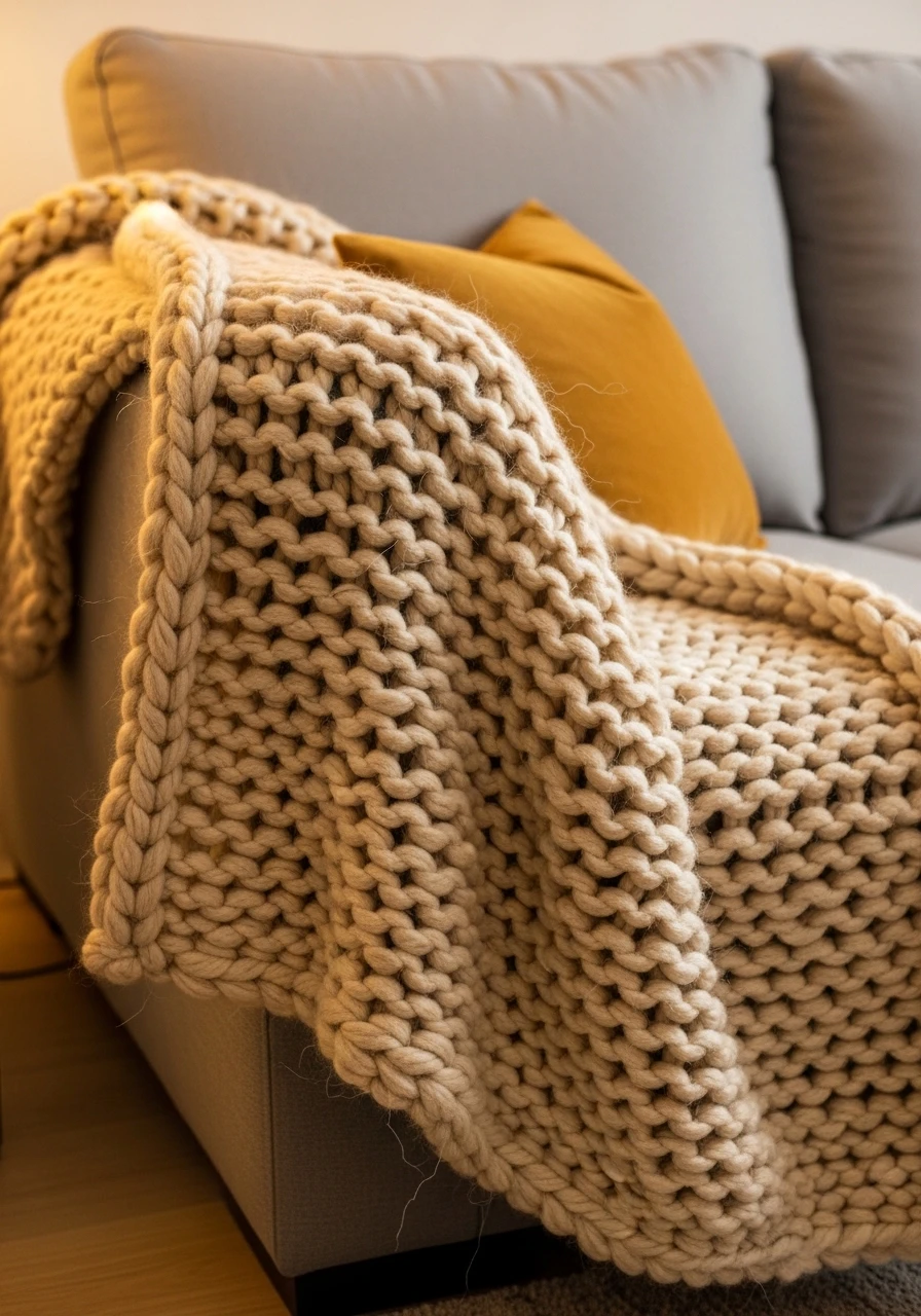 Cozy chunky knit throw blanket on a modern sofa