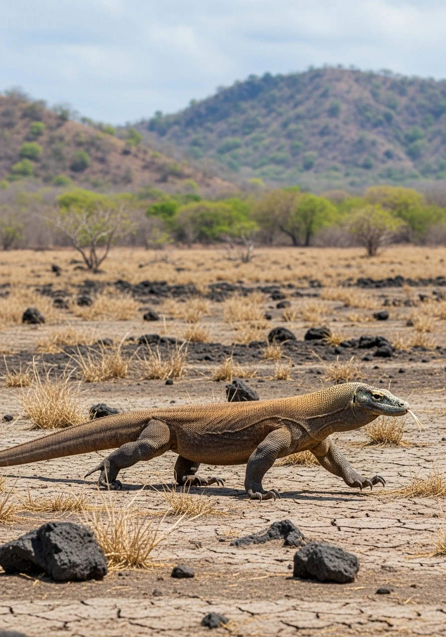 Komodo dragon walking across dry savannah in Indonesia
