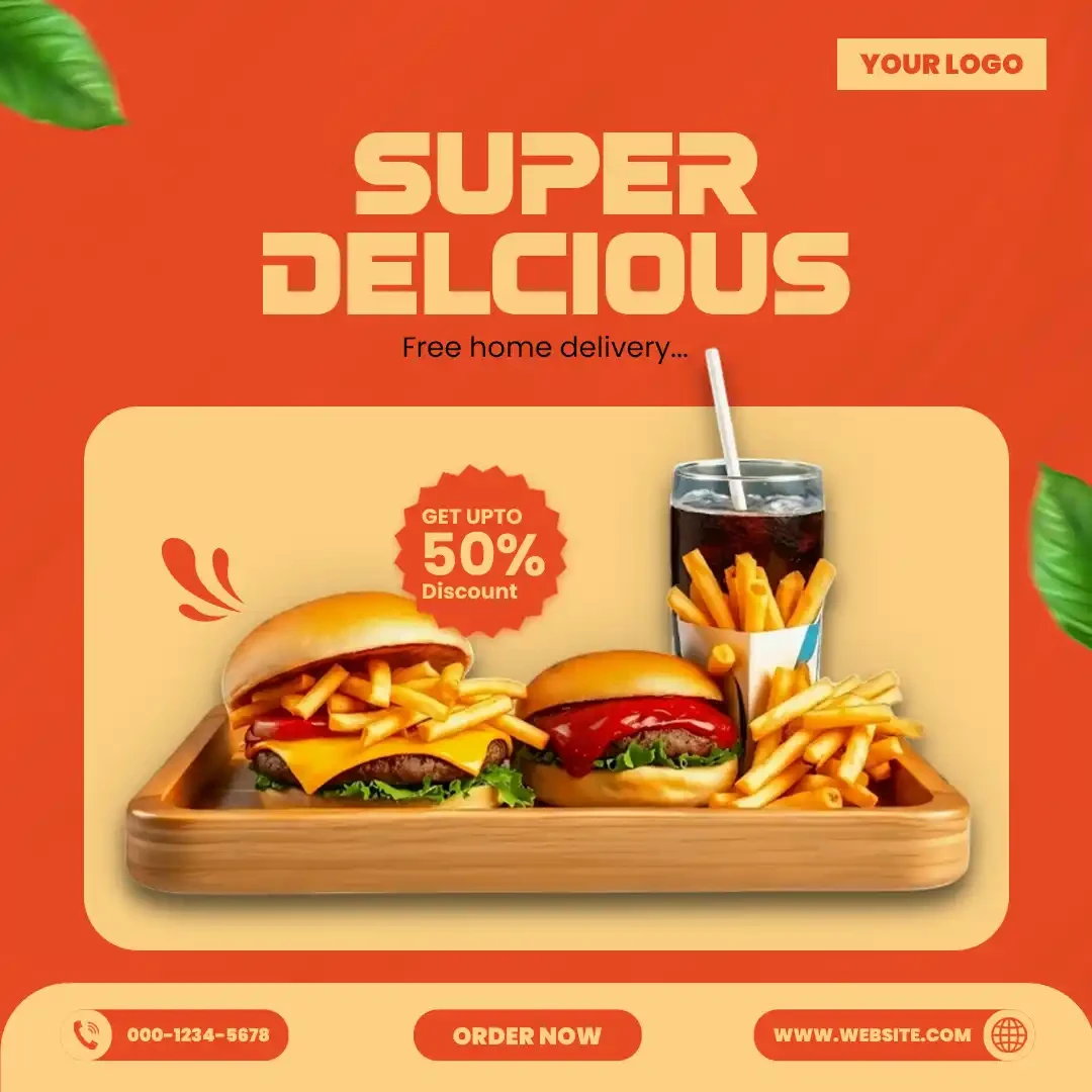 Super Delicious Burger Food Promotion Social Media Post Editable PSD Template