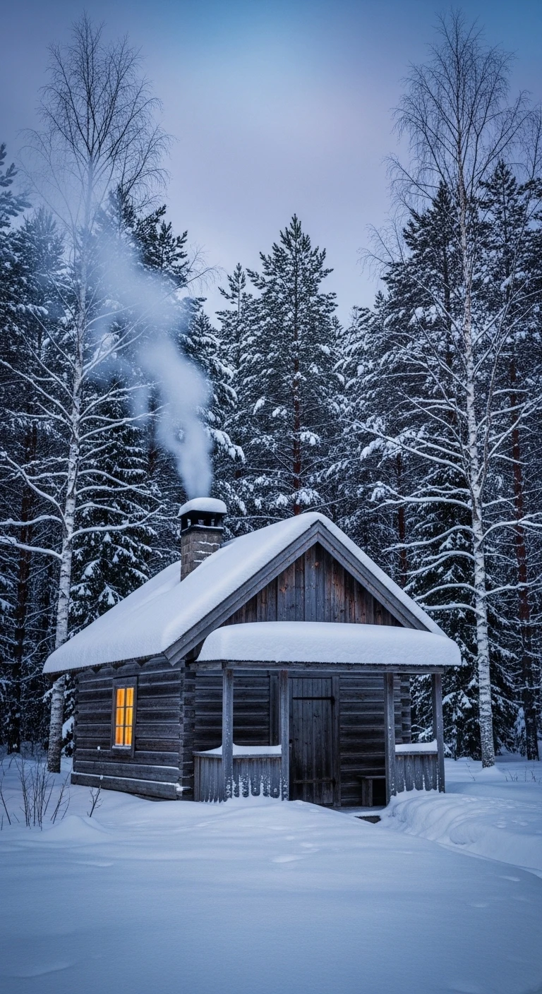 Cozy log cabin in a snow-covered forest at twilight
