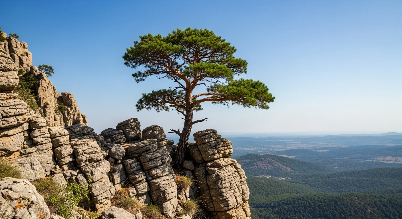Lone pine tree on rocky cliff edge overlooking valley