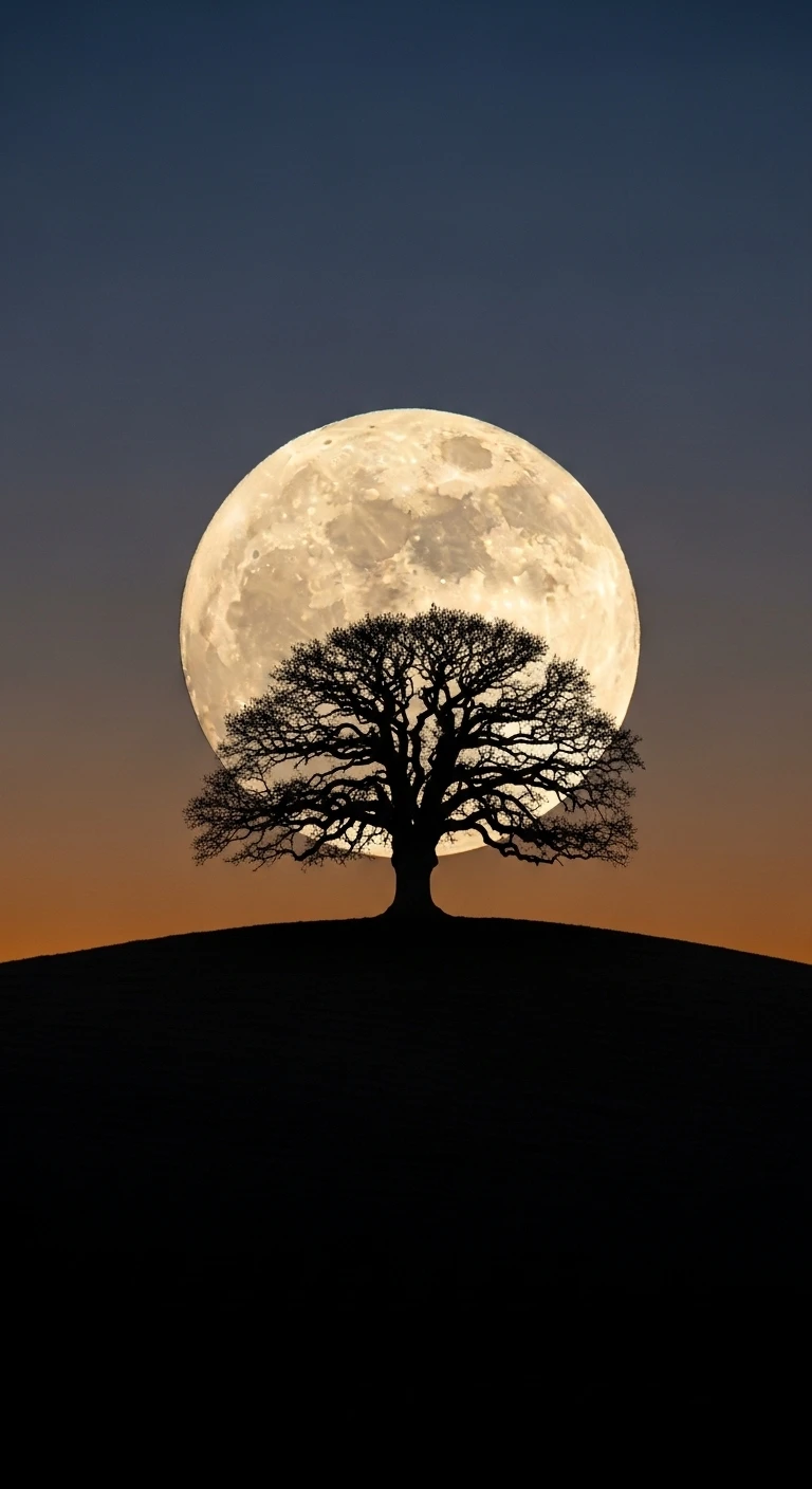 Silhouette of a lone tree against a large full moon