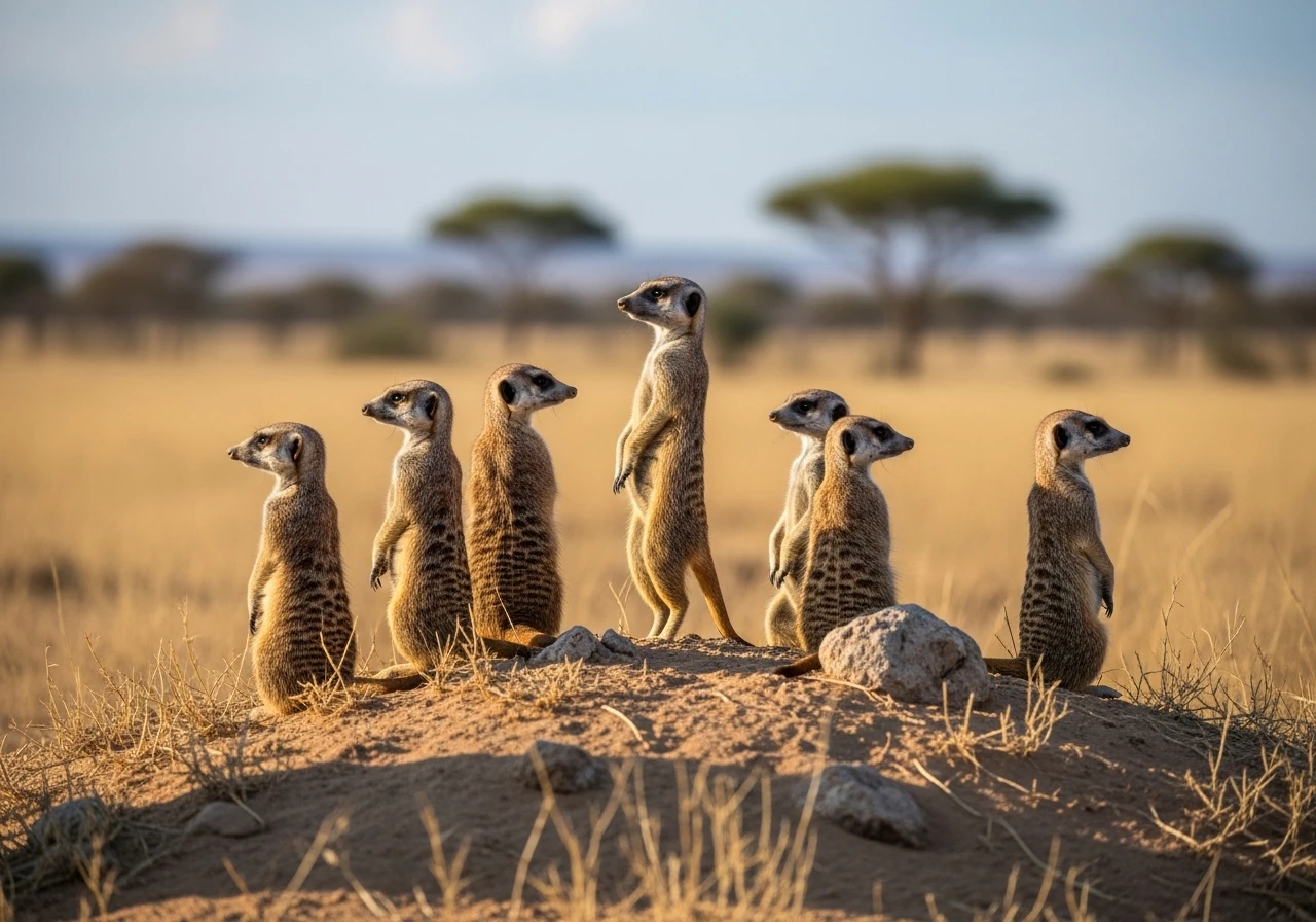 Group of meerkats standing alert on a savanna mound