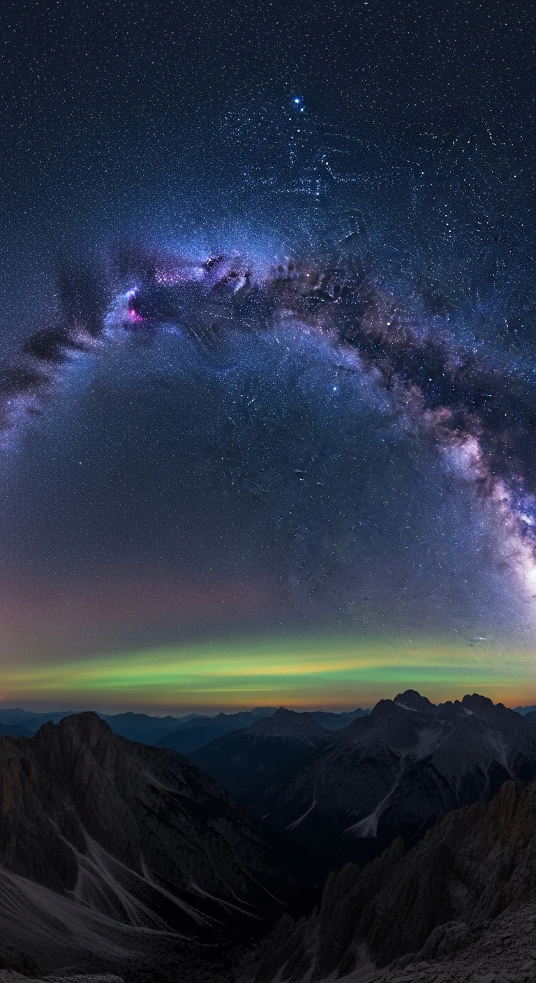 Milky Way galaxy and aurora borealis over mountain peaks