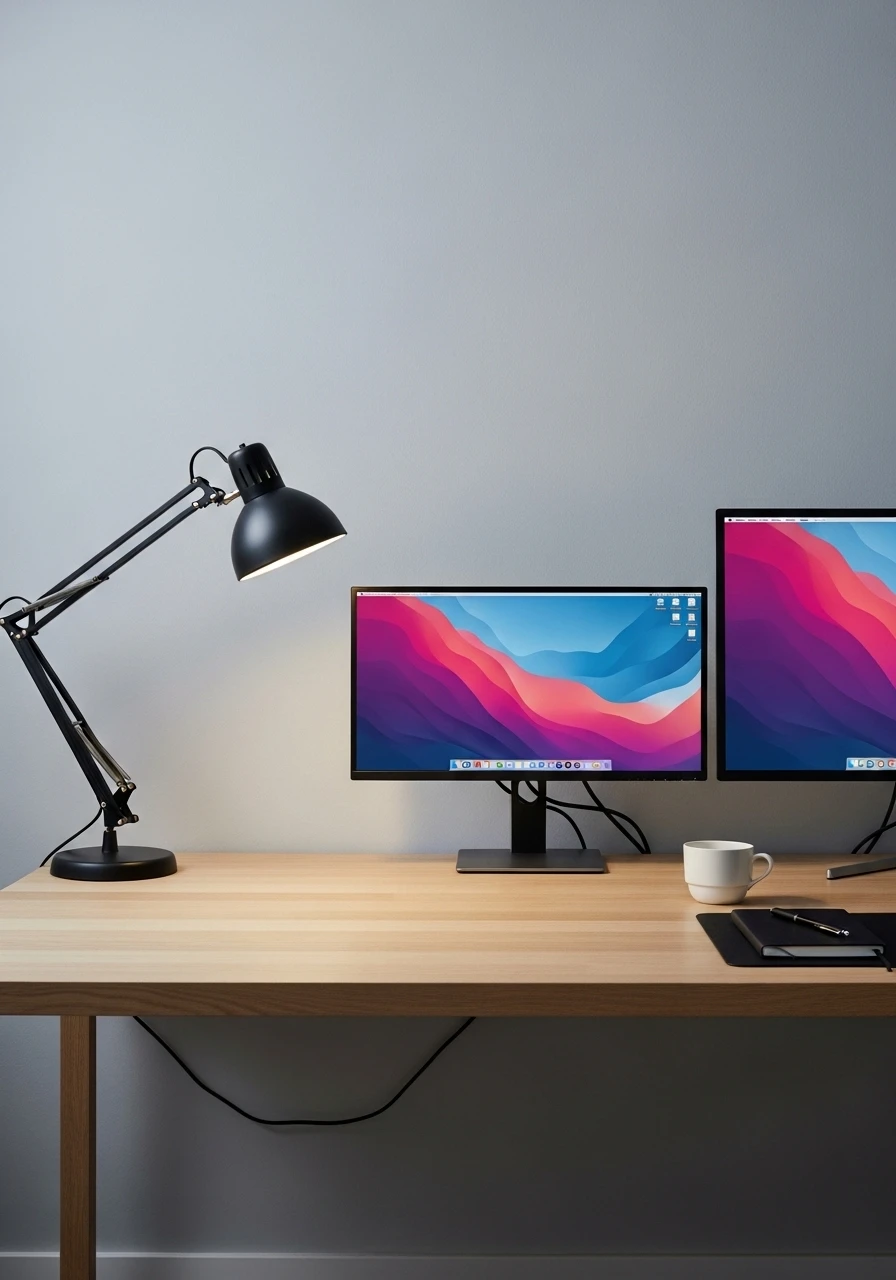 Minimalist home office setup with dual monitors and desk lamp