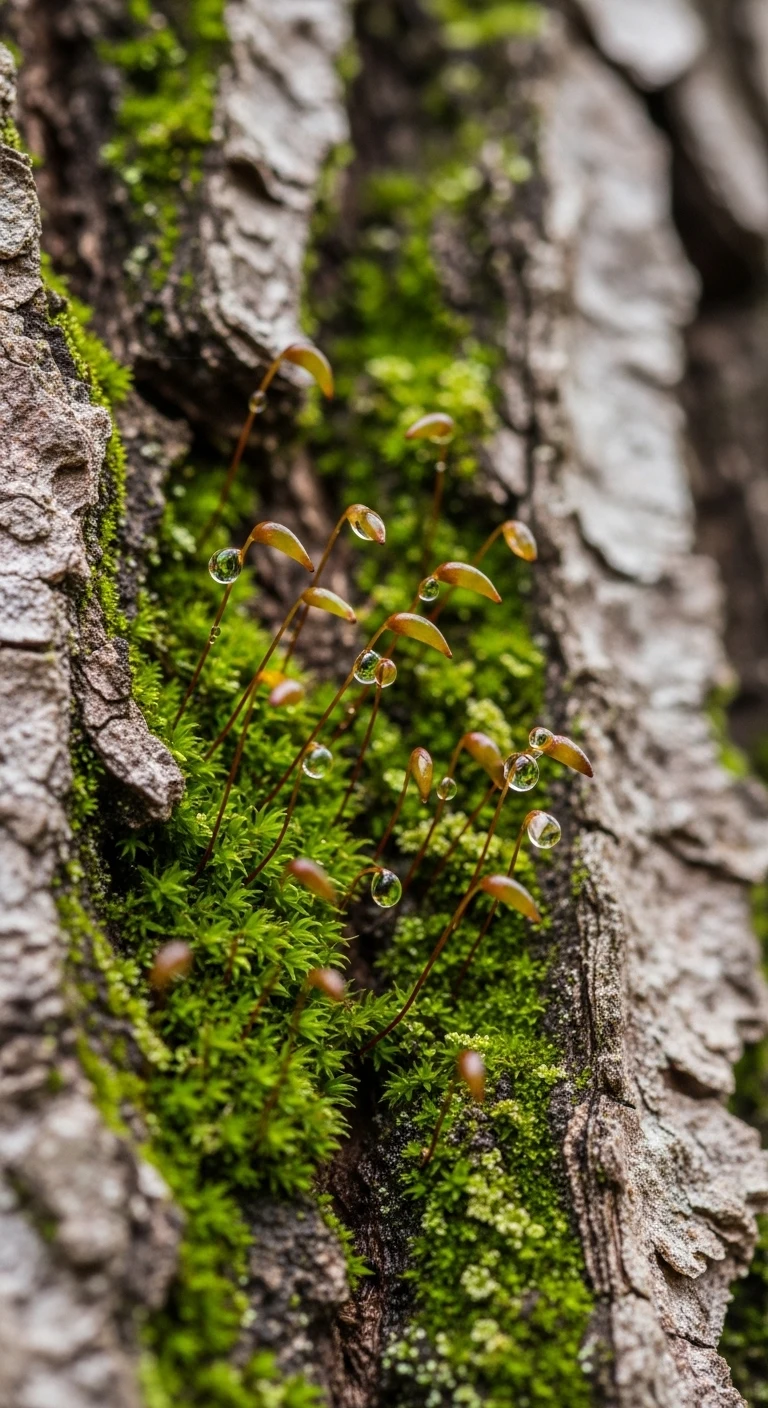 Moss sporophytes with water droplets on textured tree bark