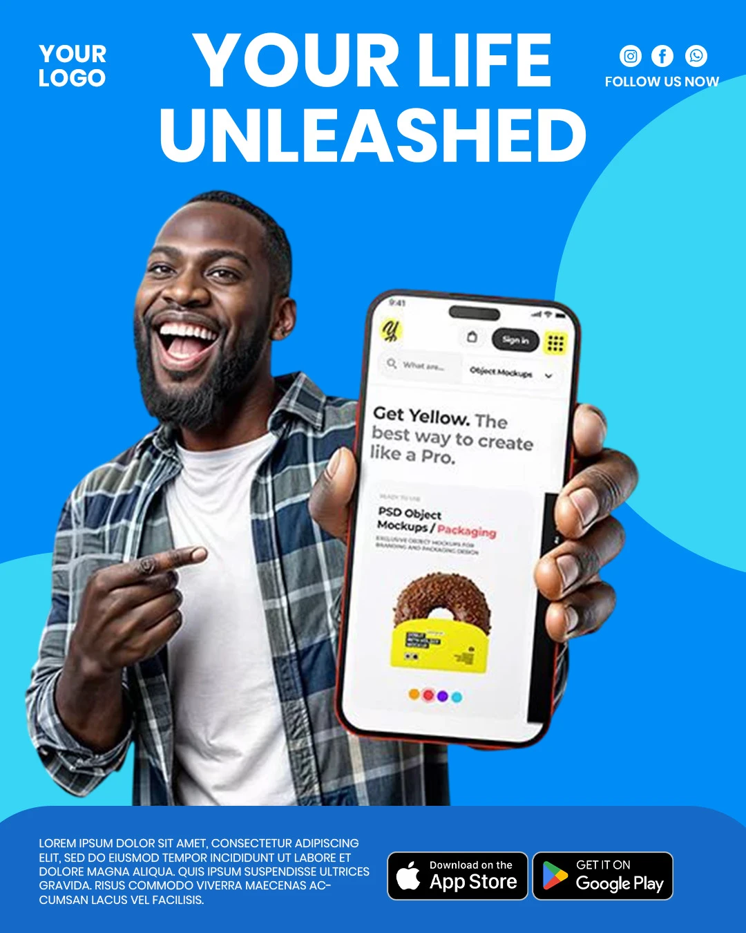 Smiling man pointing at a smartphone for mobile app advertisement