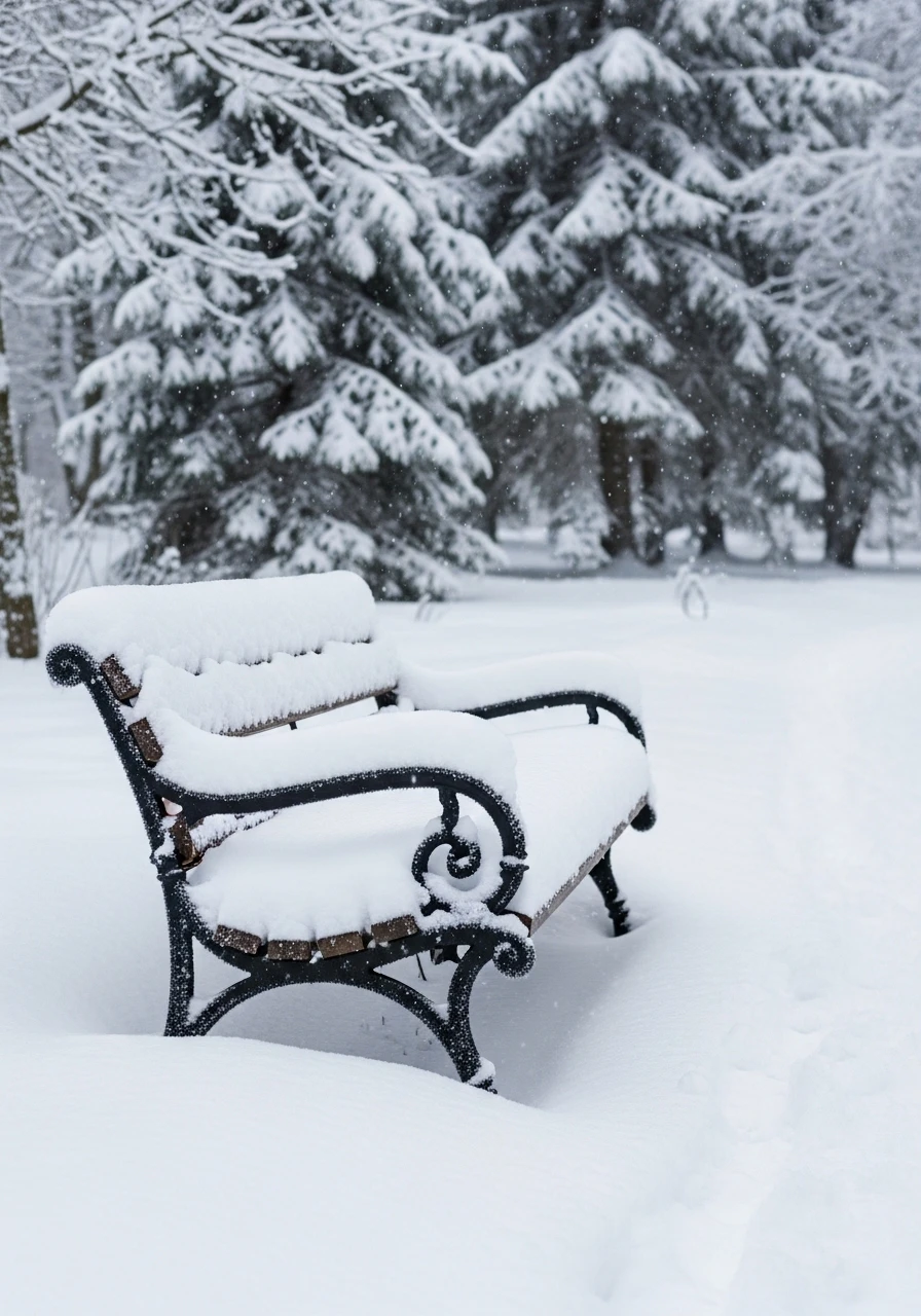 Empty park bench covered in deep snow in winter forest