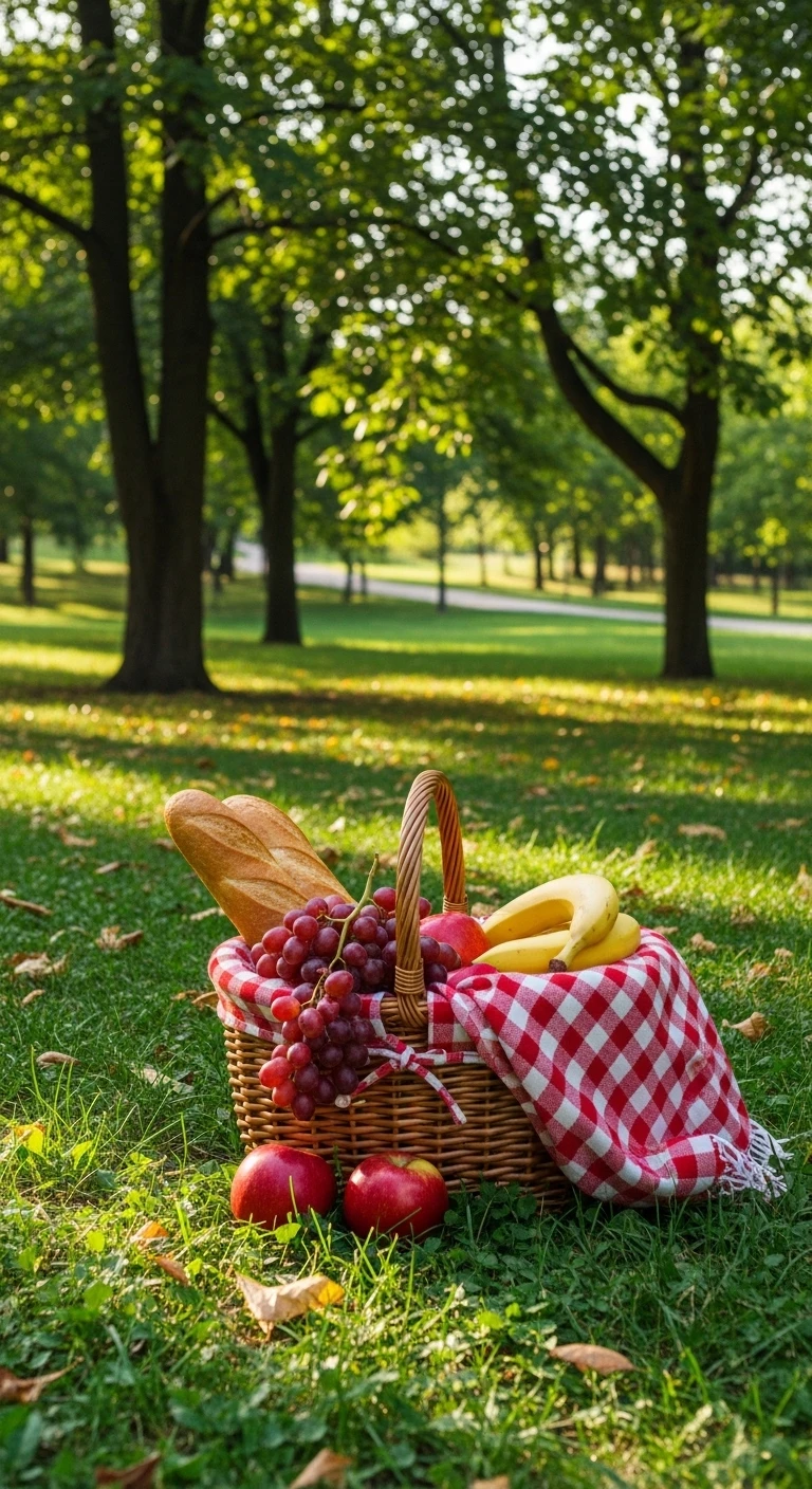 Picnic basket with fruits and bread in a sunny park