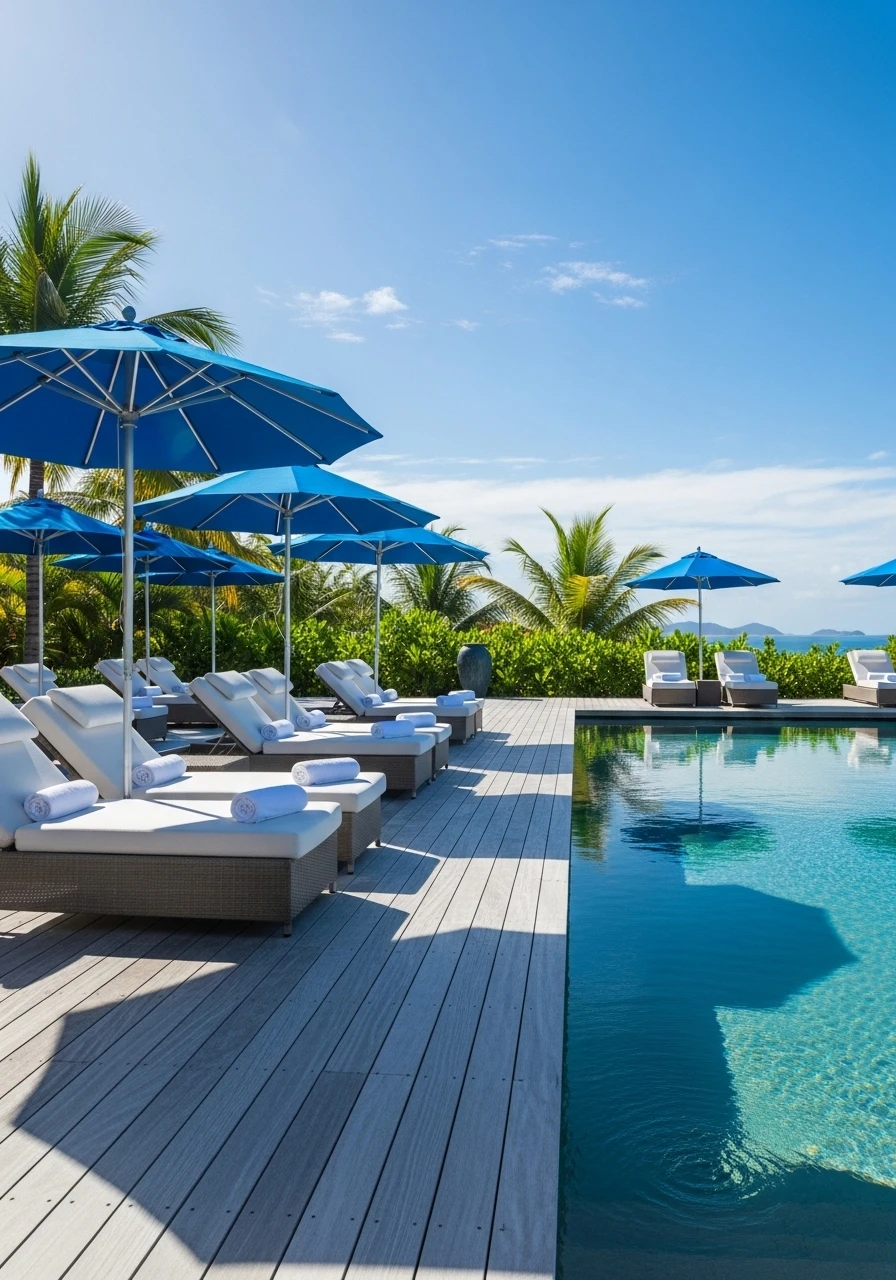 Luxury tropical resort swimming pool with sunbeds and blue umbrellas