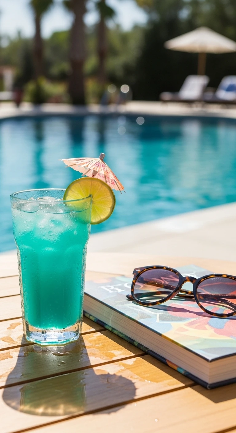 Blue cocktail, sunglasses, and book by a resort swimming pool