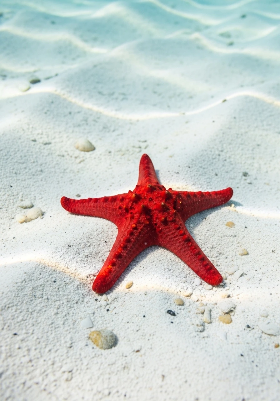 Red starfish resting on white sandy sea floor