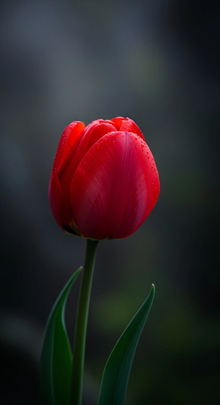 Single red tulip with dew drops on dark background
