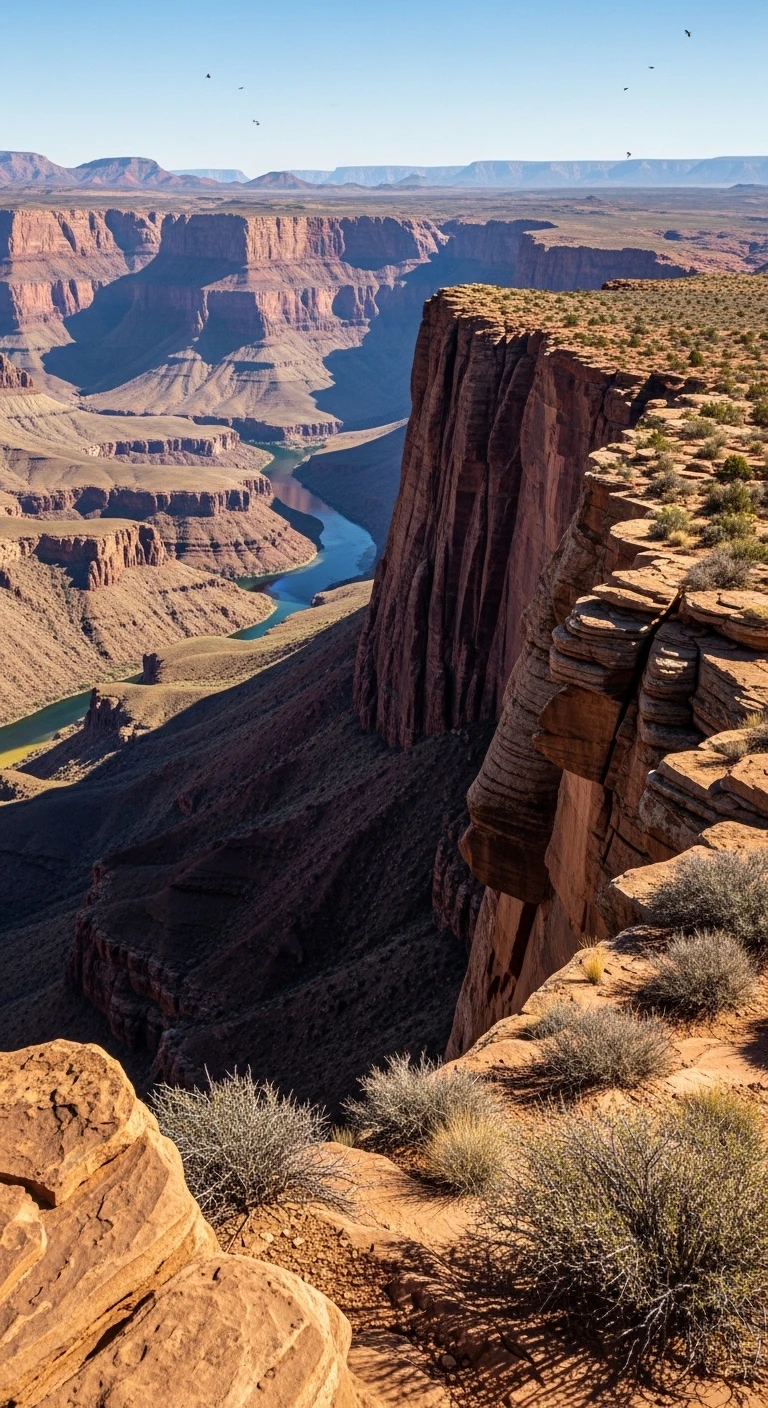 Scenic aerial view of Colorado River winding through red canyons