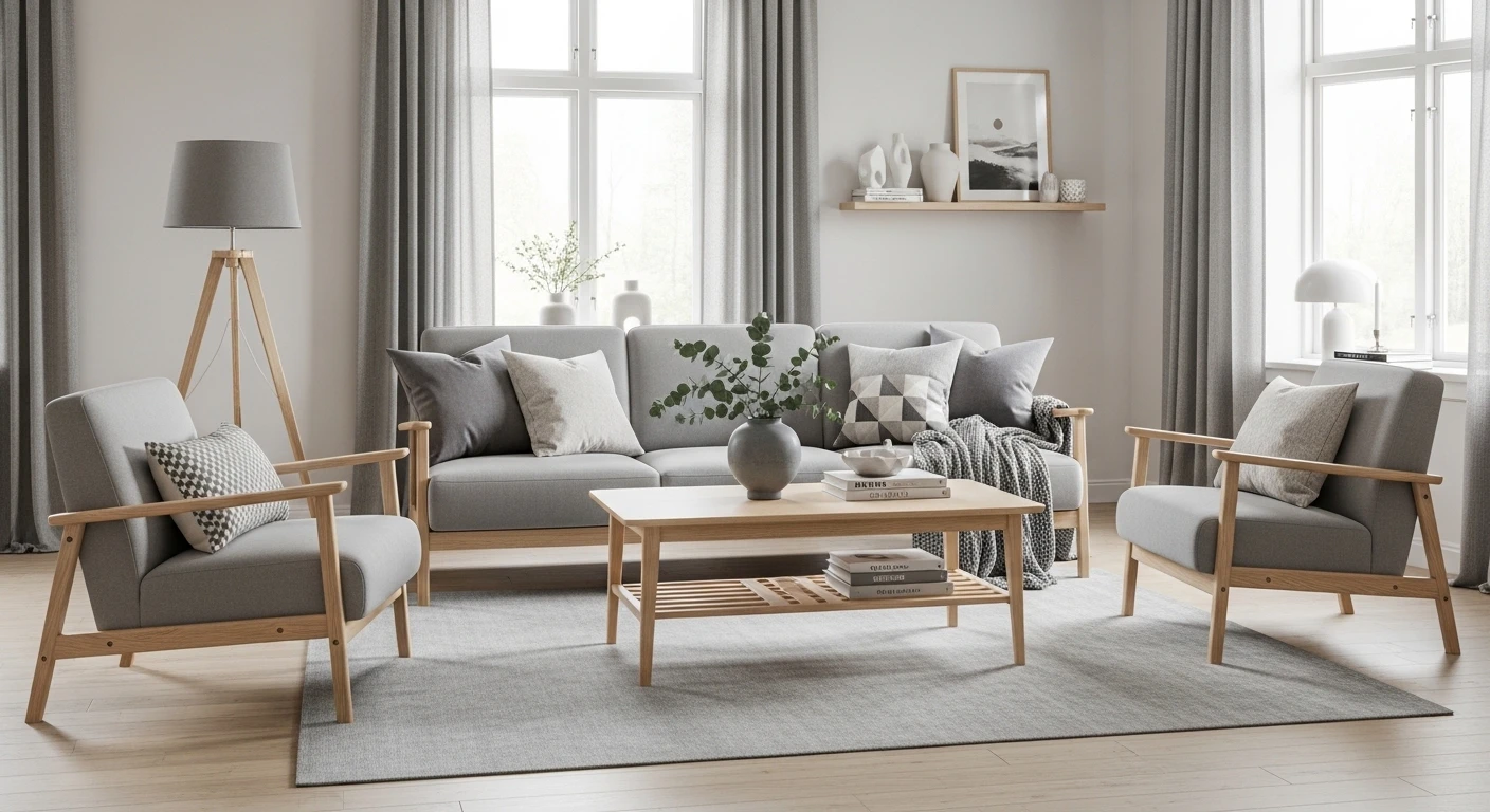 Modern Scandinavian living room with gray furniture and wooden accents