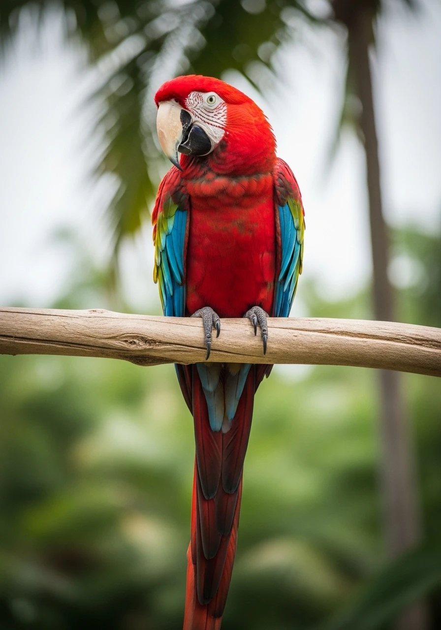 Vibrant red and green macaw perching on a wooden branch