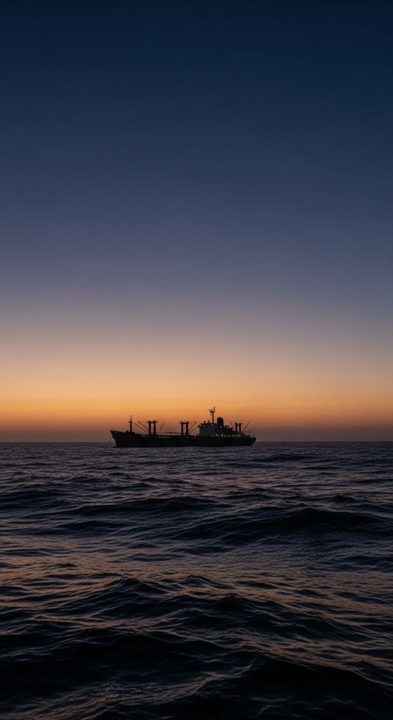 Silhouette of cargo ship on the ocean at sunset