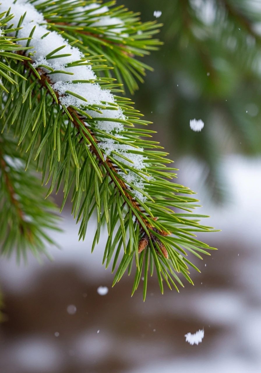 Close-up of green pine branch with snow in winter forest
