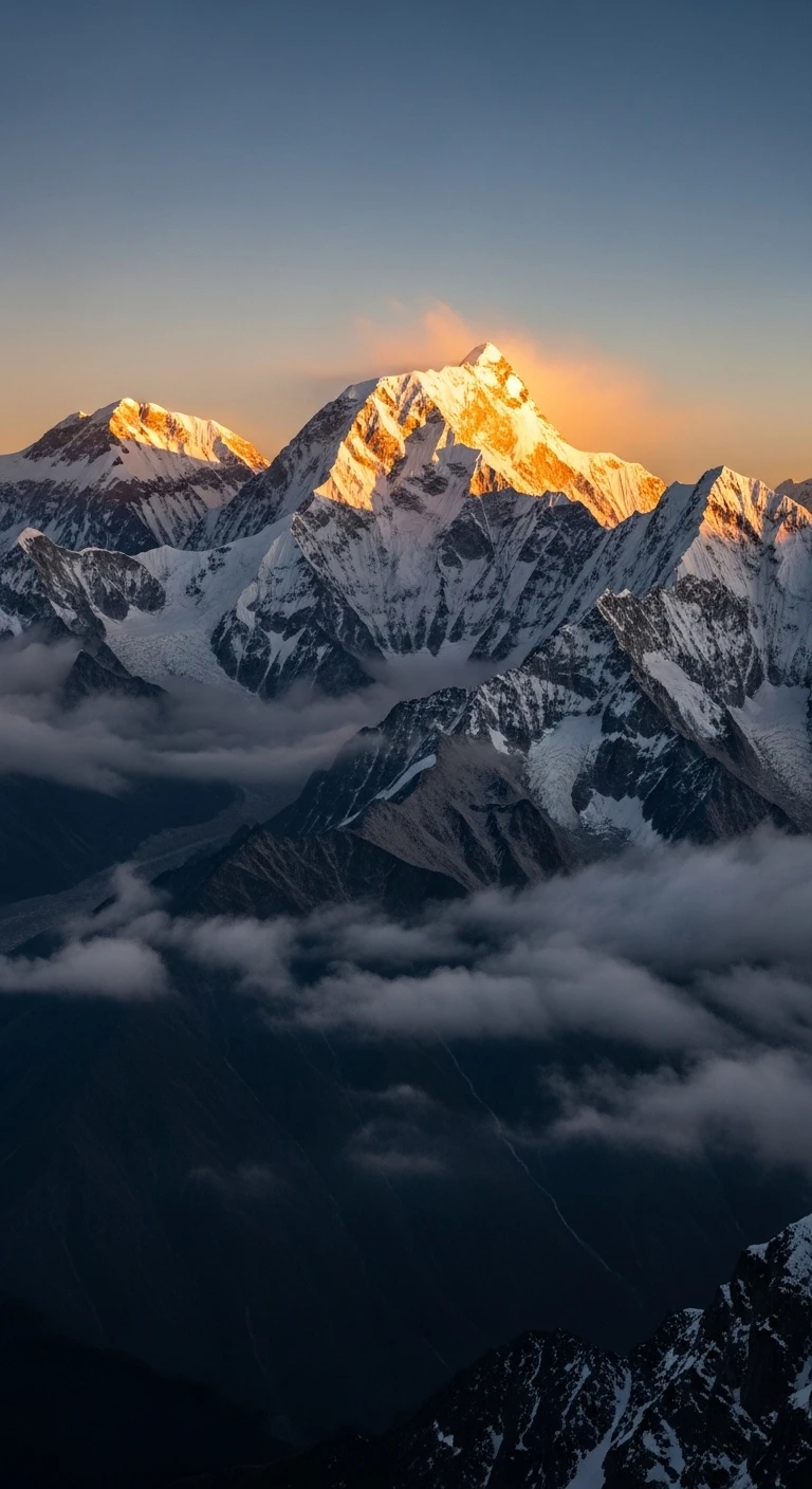 Majestic snow-capped mountain peaks with golden sunset light
