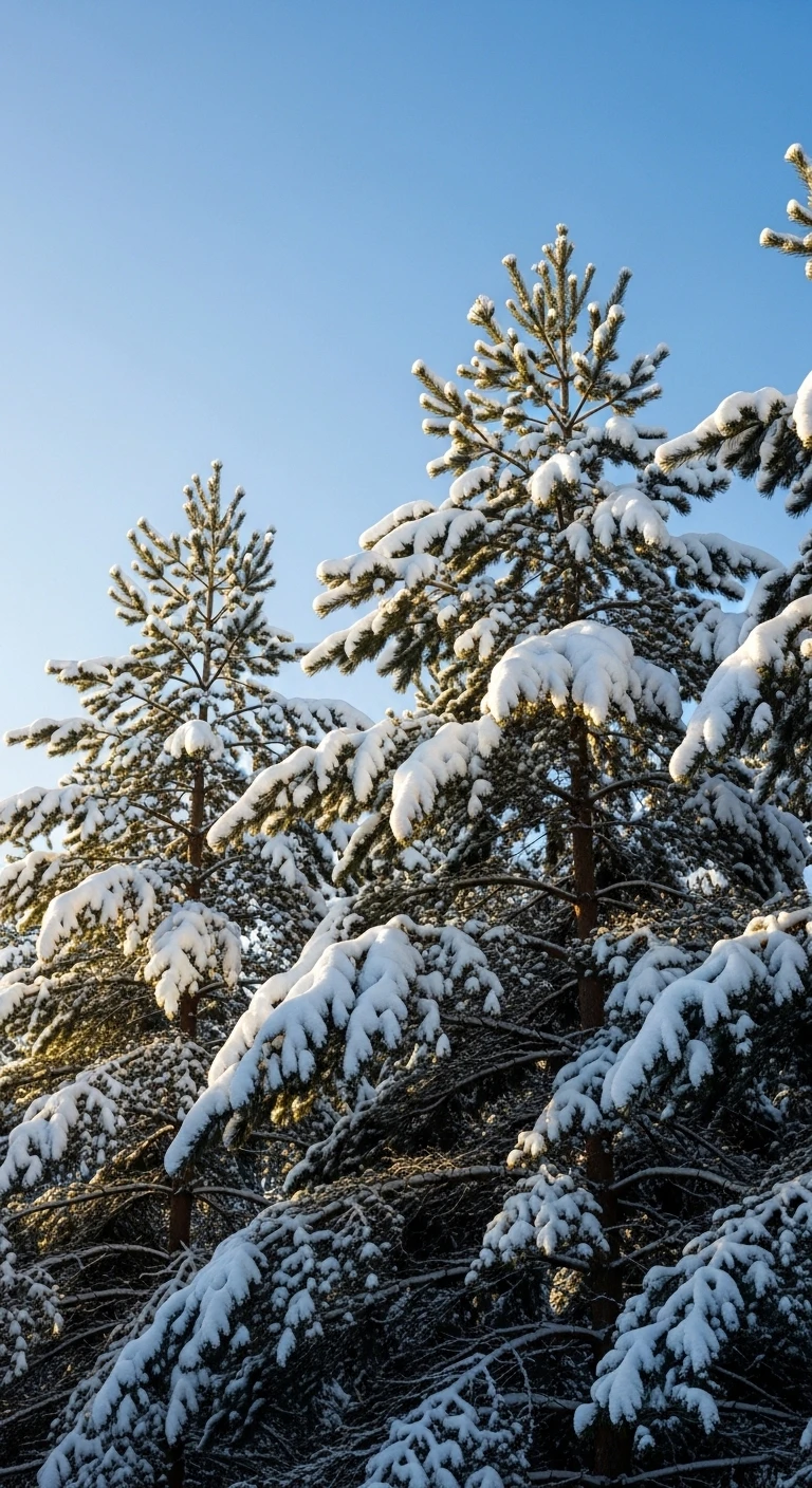 Snow-covered pine trees against a clear blue sky