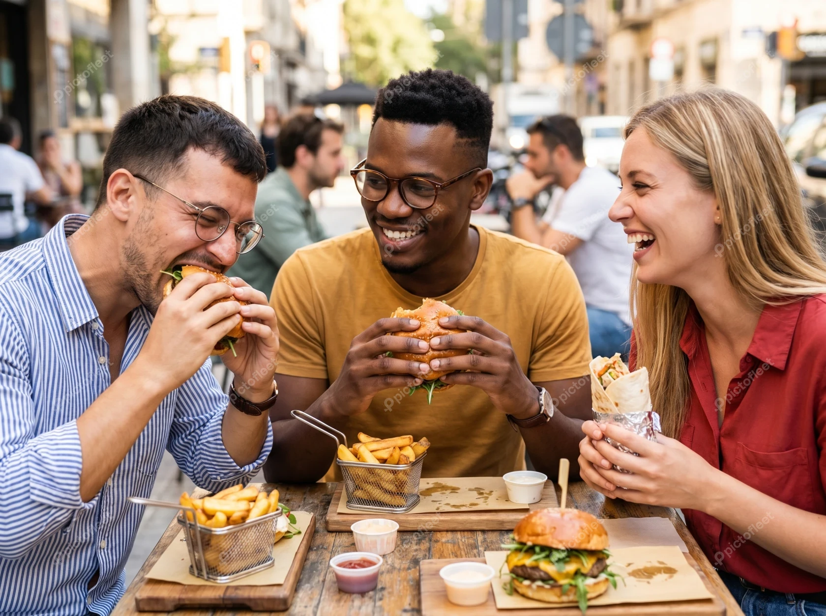 Diverse group of friends eating burgers at outdoor restaurant
