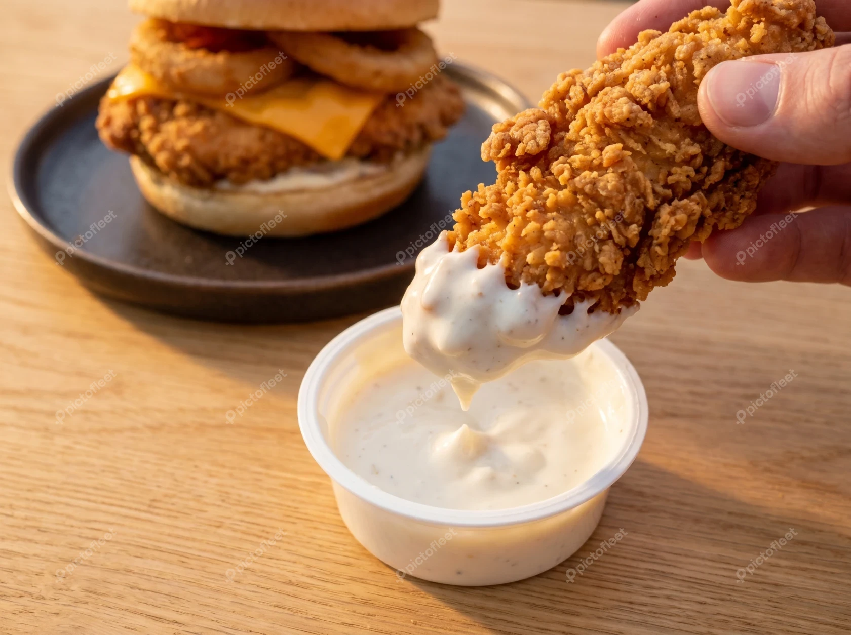 Fried chicken tender being dipped into creamy white sauce