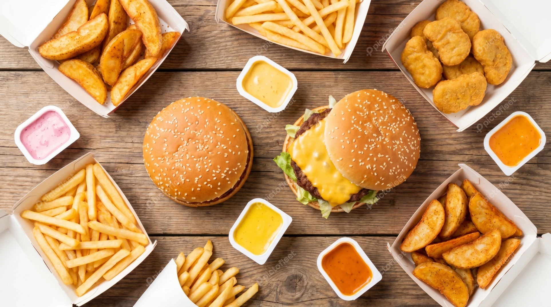 Variety of fast food with burgers fries and nuggets
