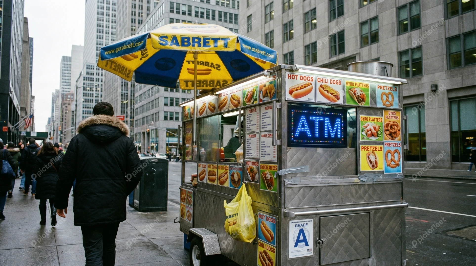 Sabrett hot dog food cart on New York City street