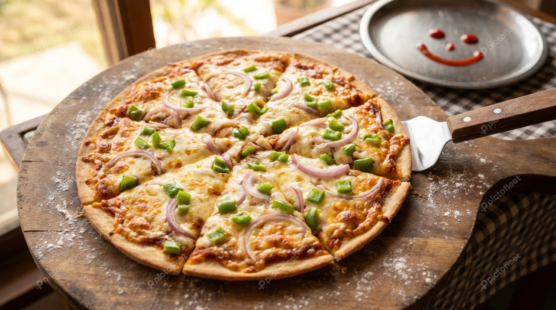 Sliced vegetable pizza with green peppers and red onions