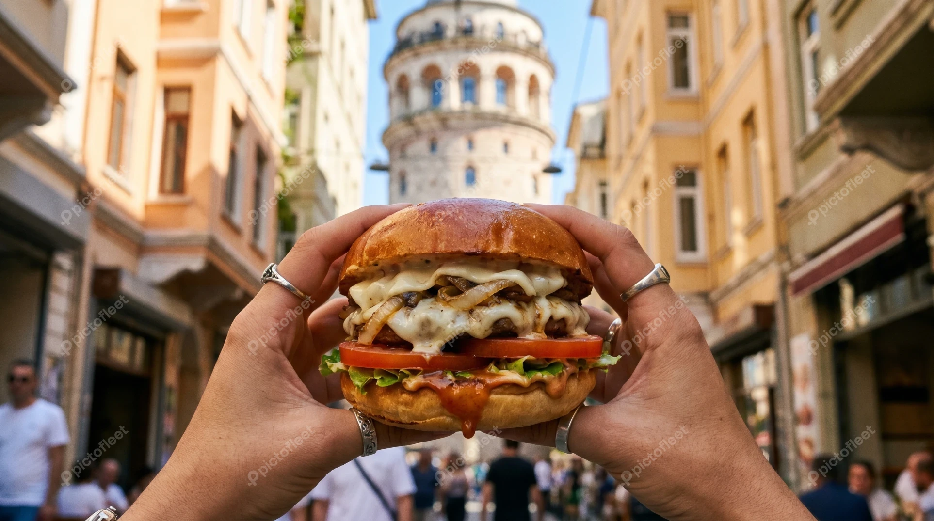 Hands holding a cheeseburger in front of Galata Tower
