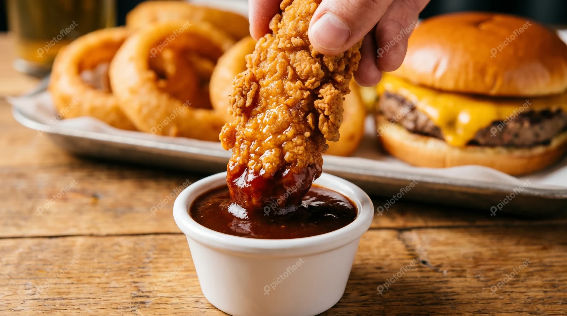 Hand dipping crispy chicken tender into barbecue sauce