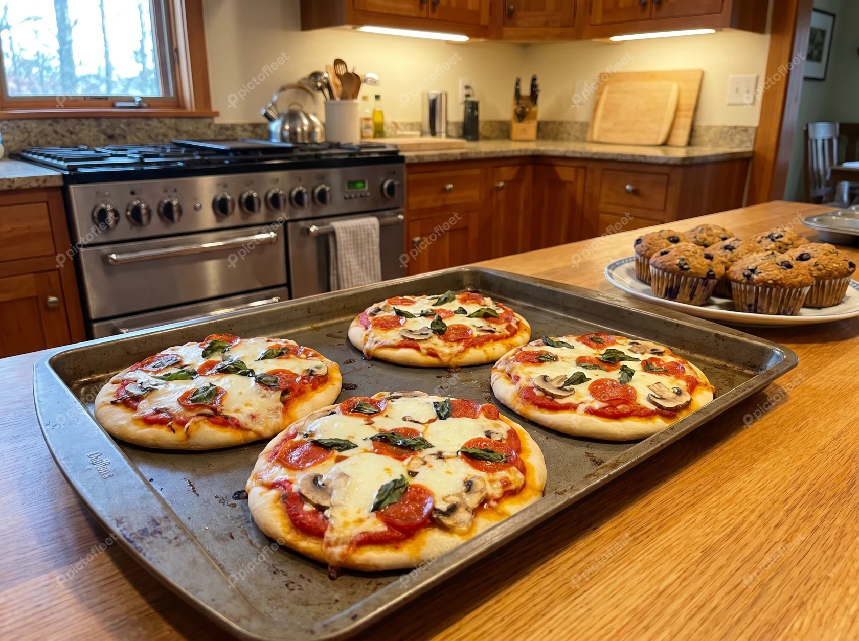 Mini pepperoni pizzas on a baking sheet in a kitchen