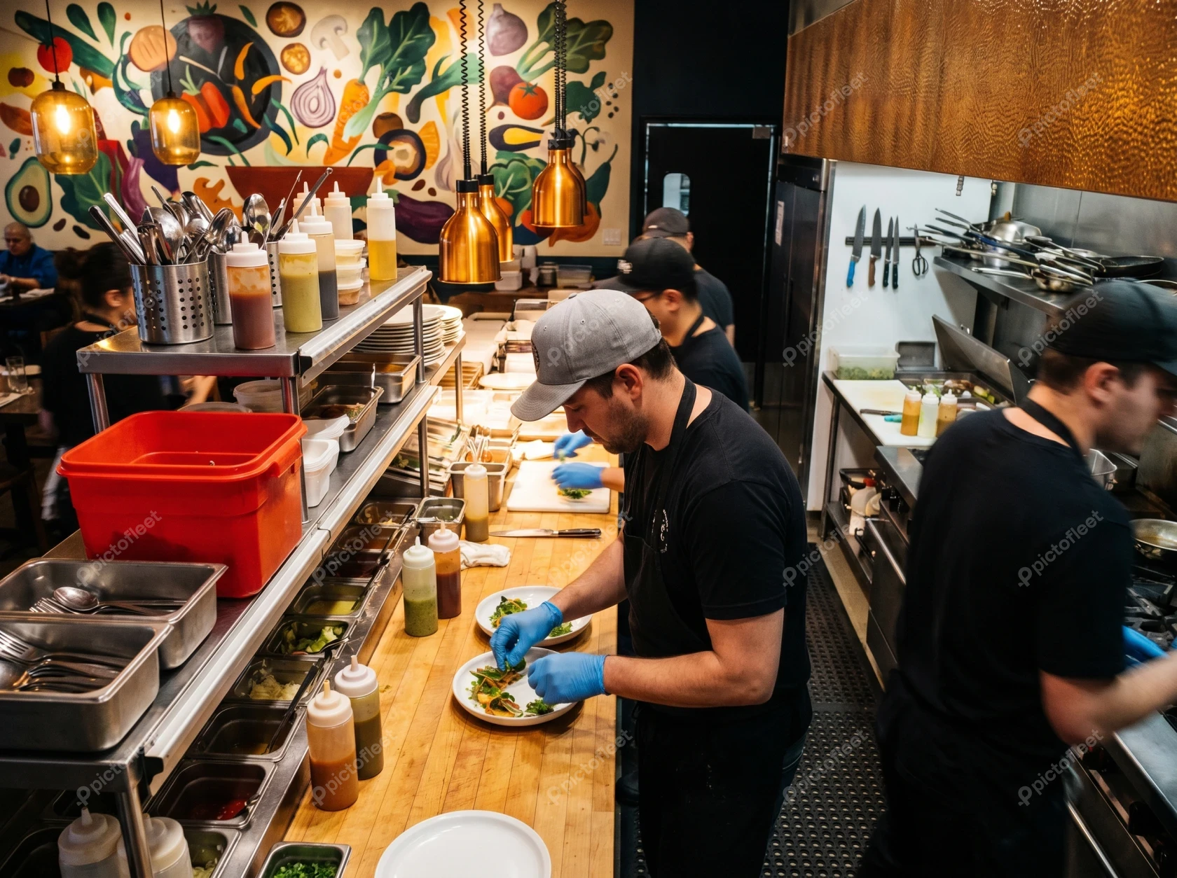 Professional chefs preparing food in a busy restaurant kitchen