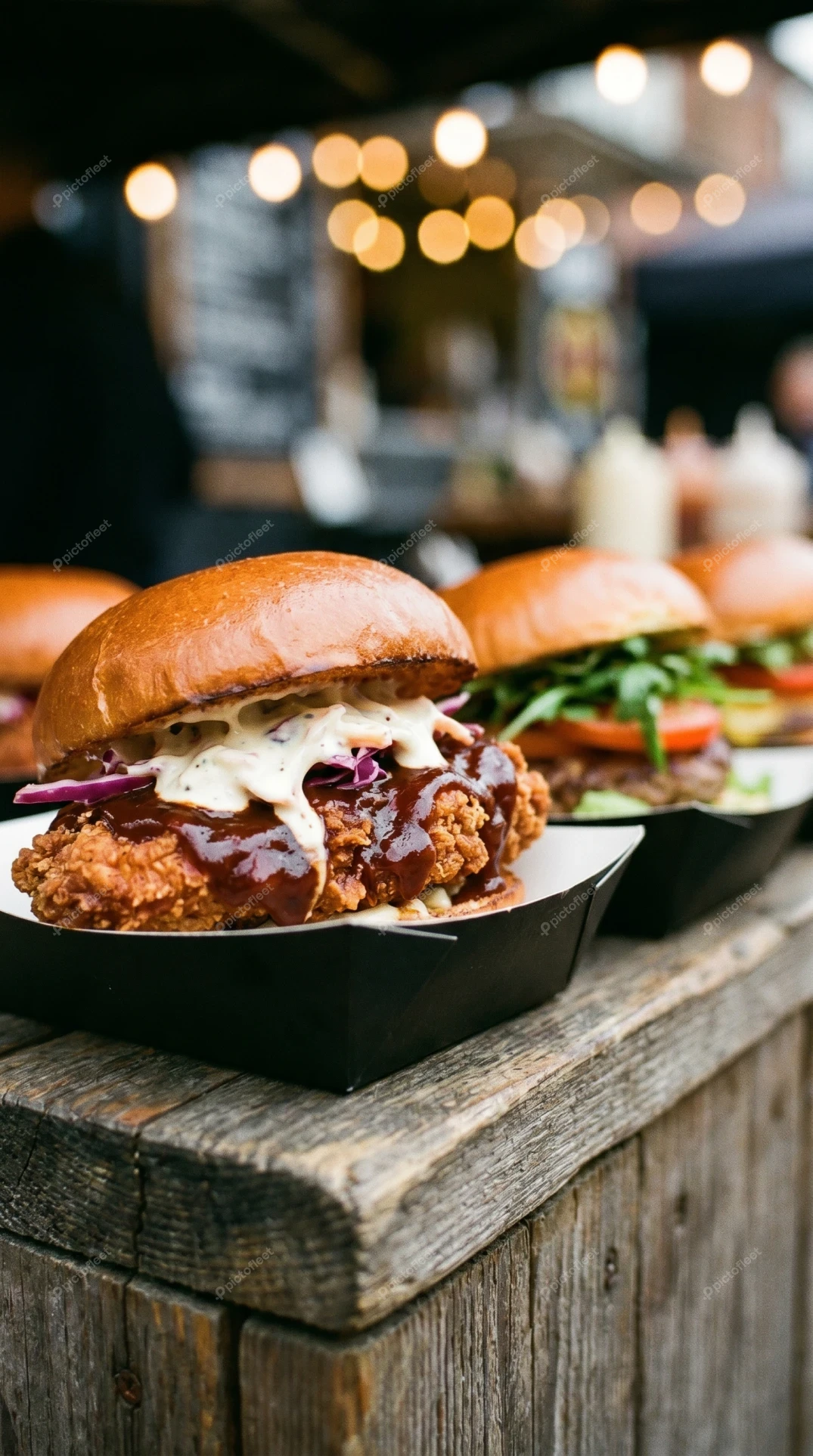 Gourmet fried chicken and beef burgers at outdoor market
