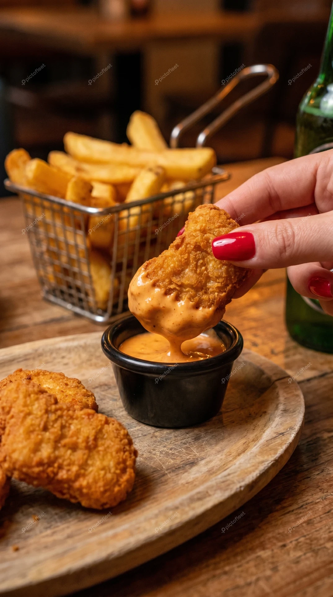 Hand dipping crispy chicken nugget into spicy sauce