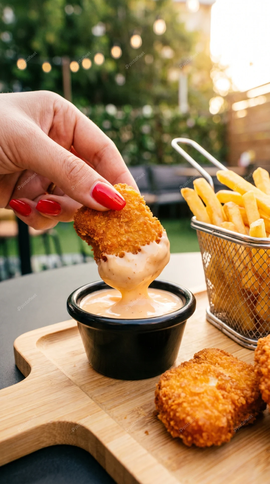Hand dipping crispy chicken nugget into creamy sauce