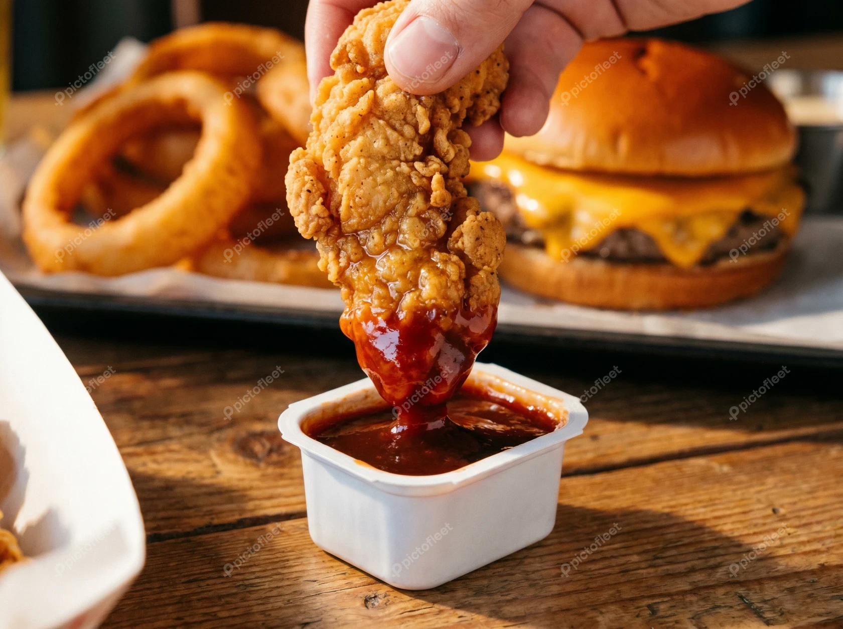 Dipping crispy fried chicken tender into sauce with burger background
