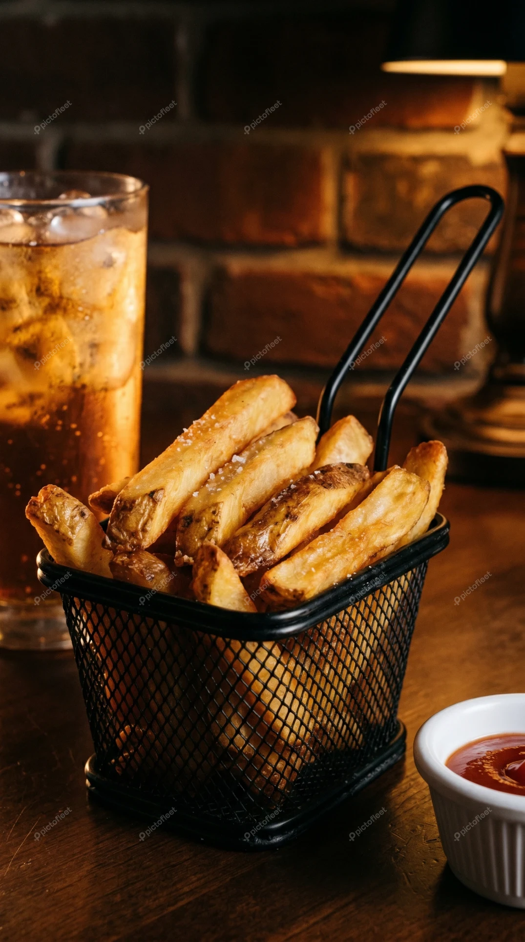 Crispy thick-cut fries in a wire basket with soda