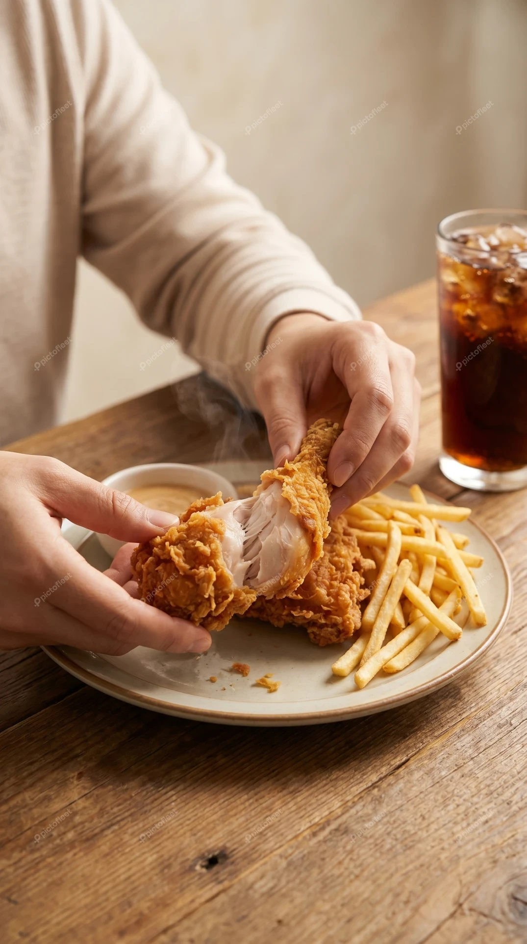 Person breaking open crispy fried chicken with french fries