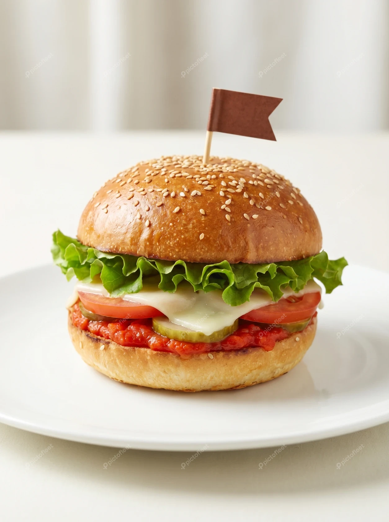 Fresh hamburger with sesame bun on a white plate