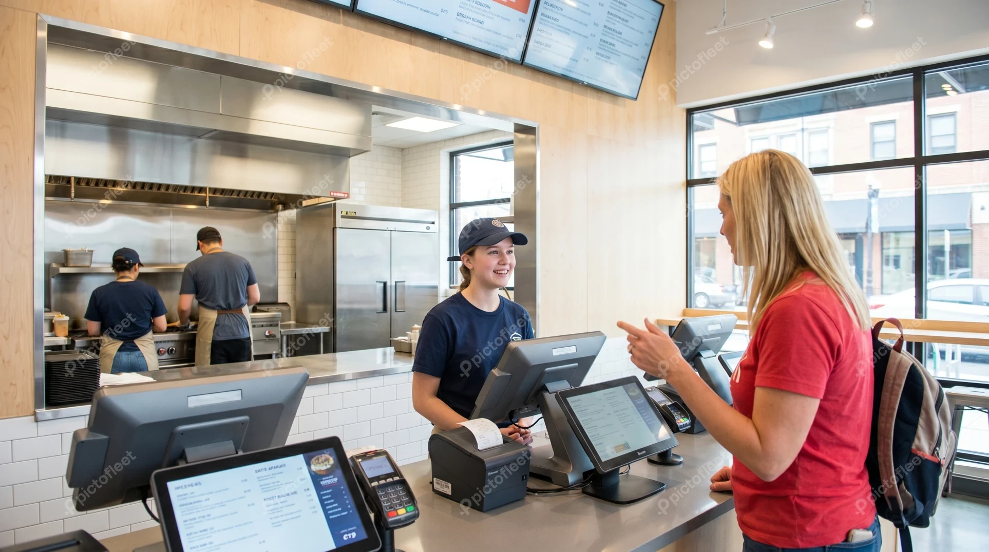 Customer ordering food from cashier at restaurant service counter
